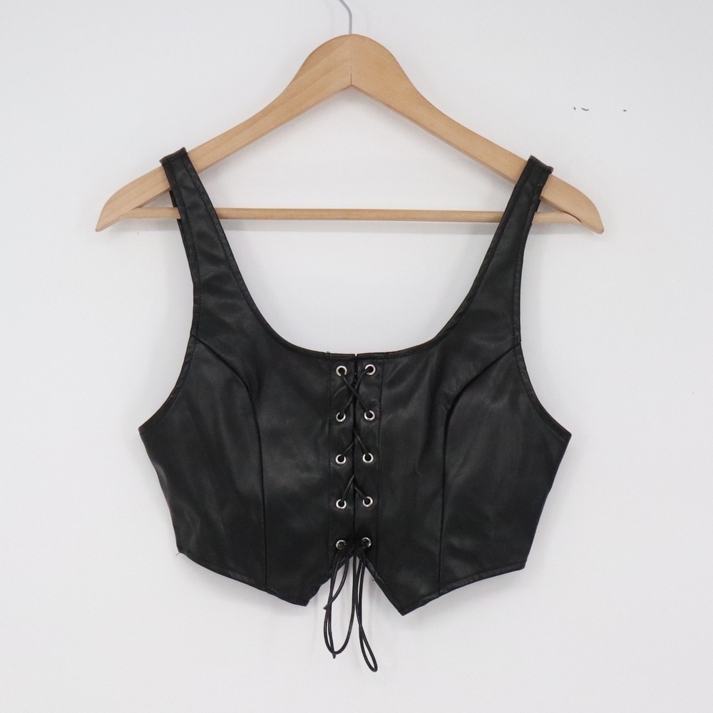SHEIN Crop Top Womens 4 Corset Biker Black Lace Up Faux Leather Excellent